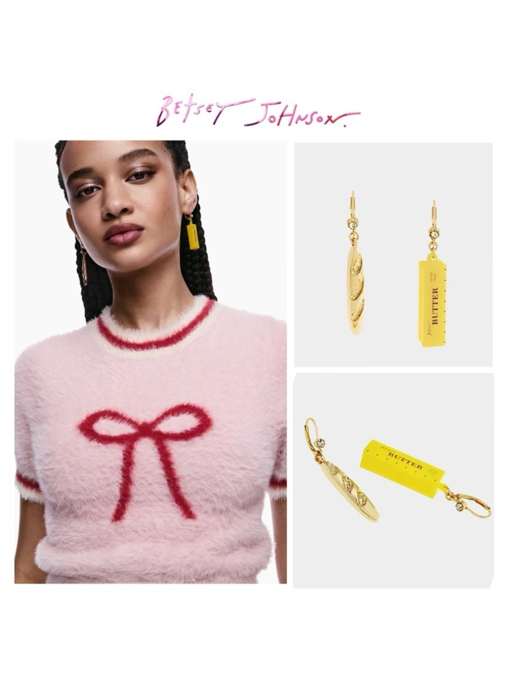 NWT Betsey Johnson 💋BREAD N BUTTER Gold Tone Mismatched Drop Earrings